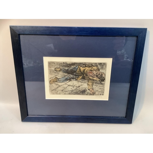 139 - Ronald Olley, The Collapse, signed lithograph, in blue frame, 12.5cm x 17cm