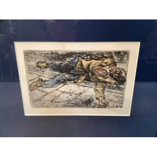 139 - Ronald Olley, The Collapse, signed lithograph, in blue frame, 12.5cm x 17cm