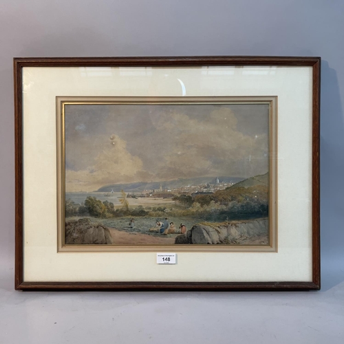 148 - Coastal village with figures to foreground, watercolour, signed to lower left T L Rowbottom, 28cm x ... 