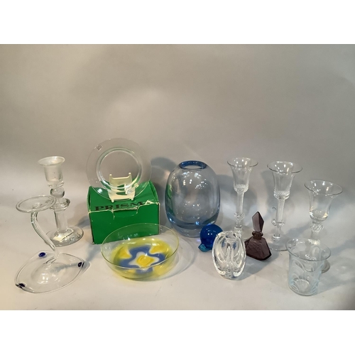 155 - Mid to late 20th century glass including an ovoid blue tinted vase, a glass candlestick on dished ba... 