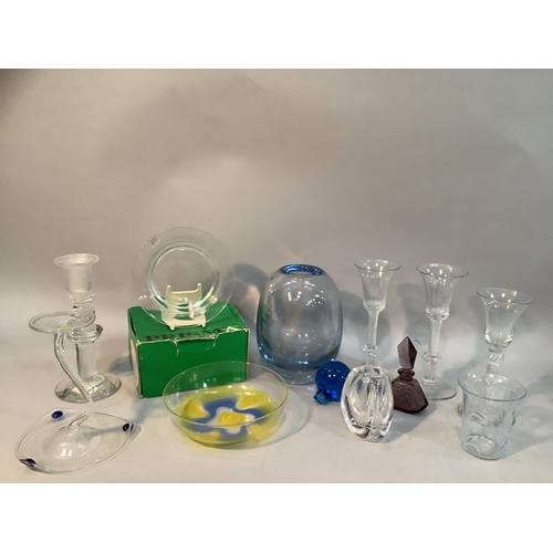 155 - Mid to late 20th century glass including an ovoid blue tinted vase, a glass candlestick on dished ba... 