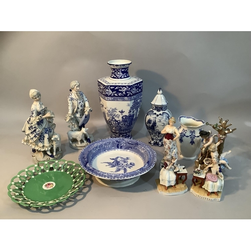 161 - A collection of blue and white ware including a hexagonal blue and white vase painted with Japanese ... 
