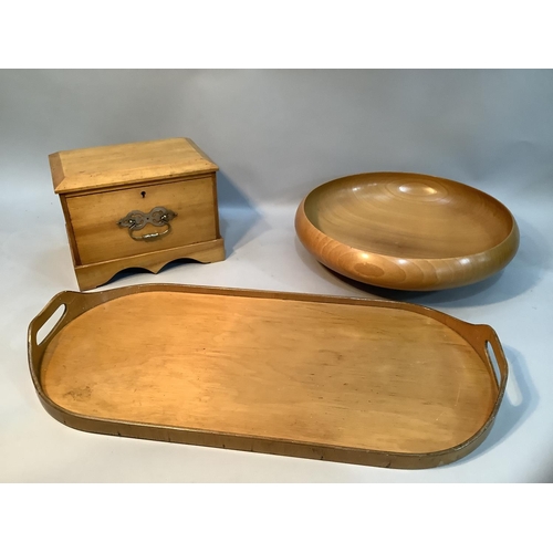 171 - A blonde wood two handled tray with finger grips, 59cm together with a turned wood bowl, 36.5cm diam... 