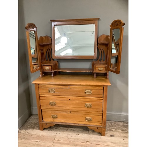 418 - A Victorian satinwalnut triple mirrored dressing table having pierced sides with three drawers on br... 