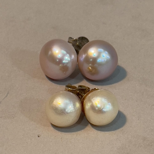 346 - Two pairs of cultured pearl ear studs, one pair 8mm on 9ct gold posts and scrolls, one pair 10mm on ... 