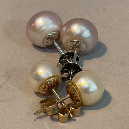 346 - Two pairs of cultured pearl ear studs, one pair 8mm on 9ct gold posts and scrolls, one pair 10mm on ... 