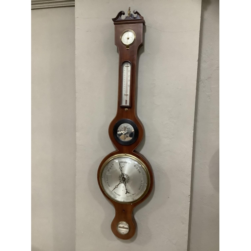 359 - An early 19th century mahogany banjo thermometer/barometer with boxwood stringing,  signed to the le... 