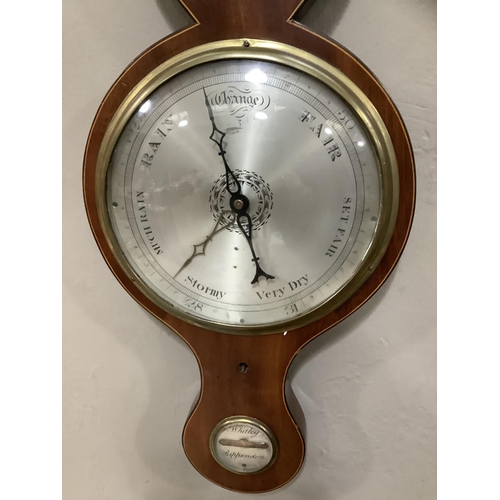 359 - An early 19th century mahogany banjo thermometer/barometer with boxwood stringing,  signed to the le... 