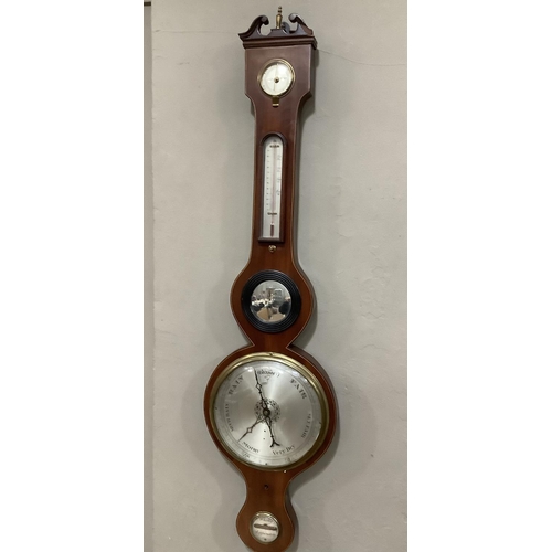 359 - An early 19th century mahogany banjo thermometer/barometer with boxwood stringing,  signed to the le... 