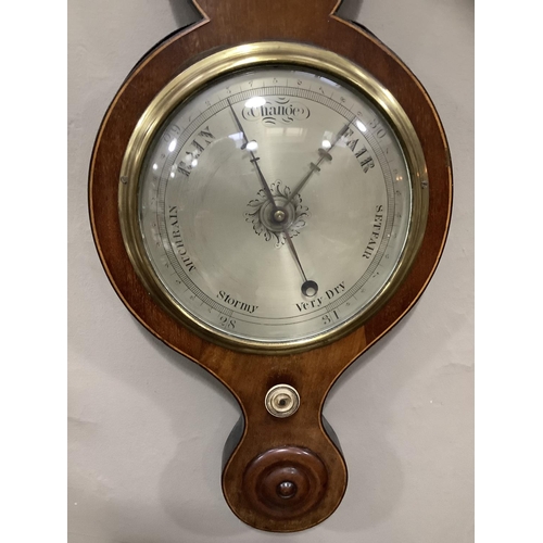 361 - An early 19th century mahogany banjo barometer with boxwood stringing, silvered dial, convex mirror ... 