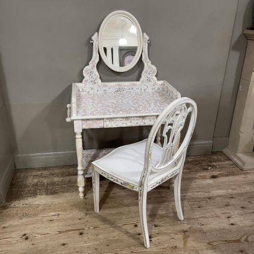 375 - A cream and mosaic tiled dressing table with oval mirror and shaped under tier 84cm wide,  together ... 