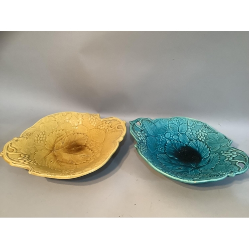 53 - Two Burmantofts Faience yellow glaze berry and leaf moulded bowl marked LFC and another turquoise ex... 