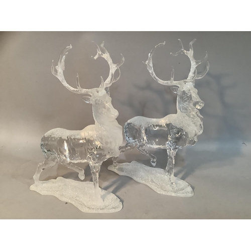 69 - A pair of clear resin models of stags with applied glitter, 28cm high