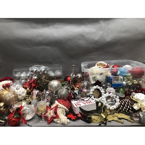 78 - A quantity of gold, silver and red baubles, decorations and bells in three boxes