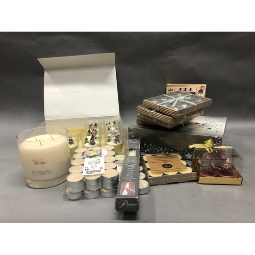 82 - Five boxes of silver tealights, frankincense and myrrh scented tealights, sparkly candles, a large W... 
