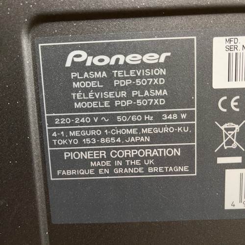 414 - A Pioneer plasma television with surround sound model PDP507XD together with remote control, instruc... 