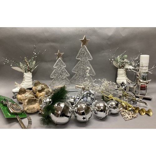 90 - A collection of Christmas decorations including silver baubles, lighted garlands, table decorations ... 