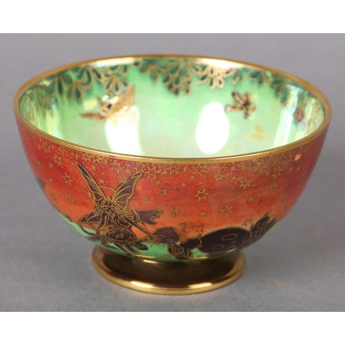 419 - A WEDGWOOD FLAME FAIRYLAND LUSTRE BOWL on circular foot, Leapfrogging Elves design by Daisy Makeig-J... 