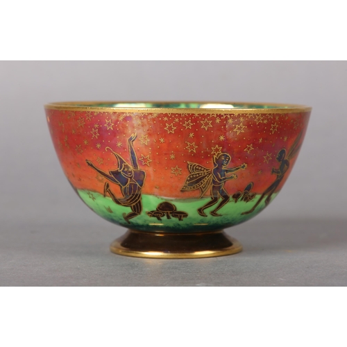 419 - A WEDGWOOD FLAME FAIRYLAND LUSTRE BOWL on circular foot, Leapfrogging Elves design by Daisy Makeig-J... 