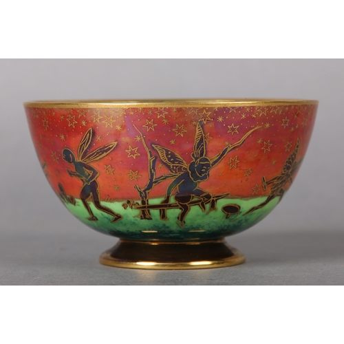 419 - A WEDGWOOD FLAME FAIRYLAND LUSTRE BOWL on circular foot, Leapfrogging Elves design by Daisy Makeig-J... 