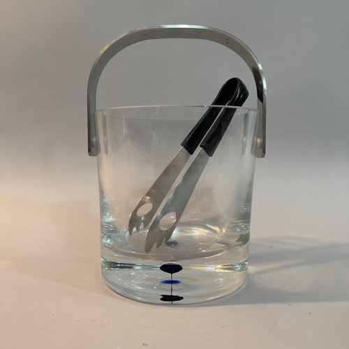 18 - An Orrefors glass ice pail, cylindrical insert to base with a cobalt blue bubble, stainless steel sw... 