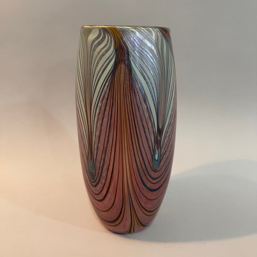 12 - Norman Stuart Clark, Cornish (b.1944), a studio glass vase, ovoid, with iridescent pulls over a mauv... 