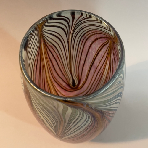 12 - Norman Stuart Clark, Cornish (b.1944), a studio glass vase, ovoid, with iridescent pulls over a mauv... 