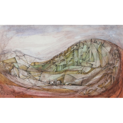 121 - ARR Peter Nuttall (b1943) Landscape with farmstead in the valley, pen and ink and colour wash, signe... 