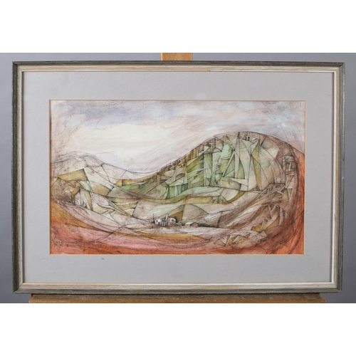 121 - ARR Peter Nuttall (b1943) Landscape with farmstead in the valley, pen and ink and colour wash, signe... 