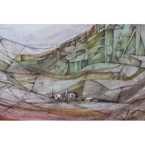 121 - ARR Peter Nuttall (b1943) Landscape with farmstead in the valley, pen and ink and colour wash, signe... 