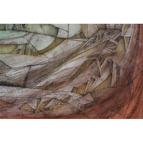 121 - ARR Peter Nuttall (b1943) Landscape with farmstead in the valley, pen and ink and colour wash, signe... 