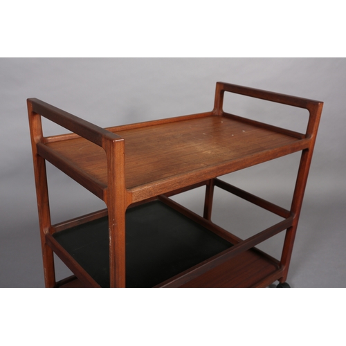 72 - A 1970's teak and black Formica three tier drinks trolley, 48cm wide x 84cm long x 81cm high