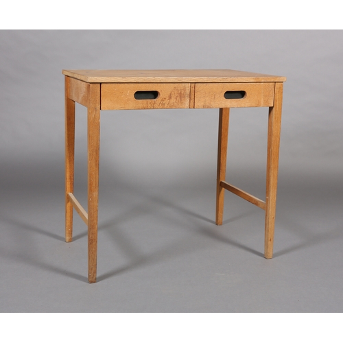 82 - A pale oak side table, having two frieze drawers with black lined finger grip handles, on square leg... 