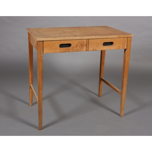 82 - A pale oak side table, having two frieze drawers with black lined finger grip handles, on square leg... 