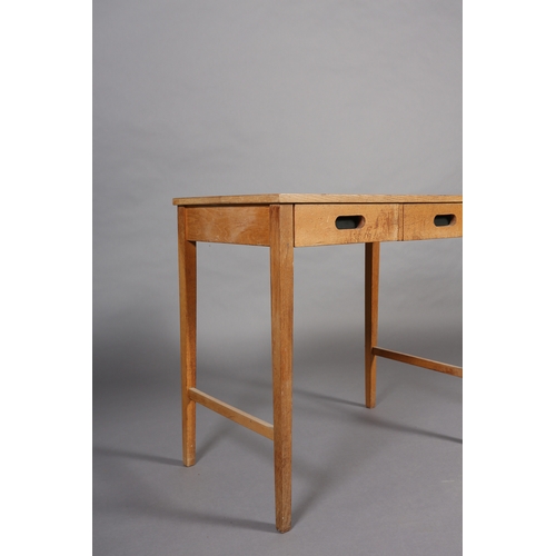 82 - A pale oak side table, having two frieze drawers with black lined finger grip handles, on square leg... 