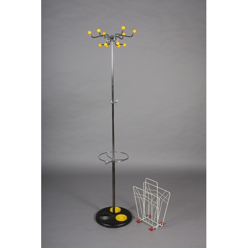 29 - A 1960s polished steel, yellow and black plastic hat and coat stand together with a white wire work ... 