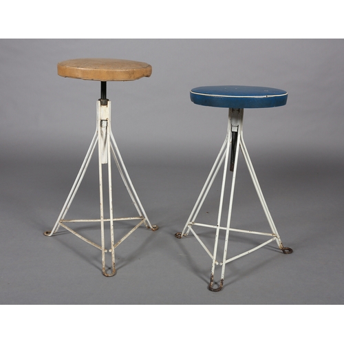 30 - A pair of 1960s white iron revolving stools on triangular frame with PVC upholstered seat