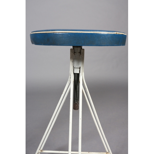 30 - A pair of 1960s white iron revolving stools on triangular frame with PVC upholstered seat