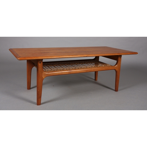 113 - Trioh, Denmark, A teak coffee table with rattan undertier on tapered legs, c1960s, 120cm wide x 53cm... 