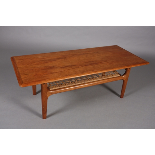 113 - Trioh, Denmark, A teak coffee table with rattan undertier on tapered legs, c1960s, 120cm wide x 53cm... 