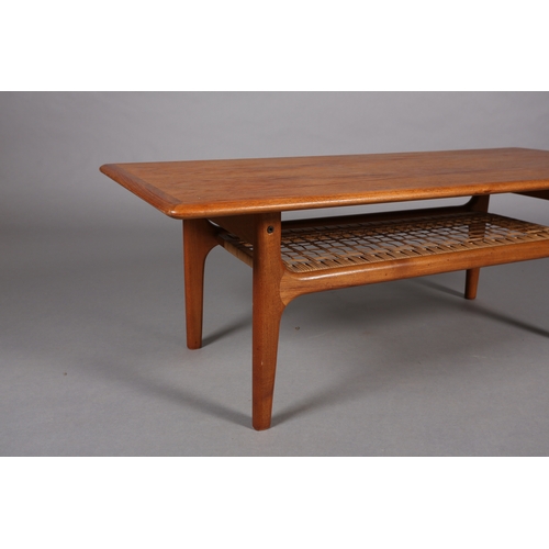 113 - Trioh, Denmark, A teak coffee table with rattan undertier on tapered legs, c1960s, 120cm wide x 53cm... 