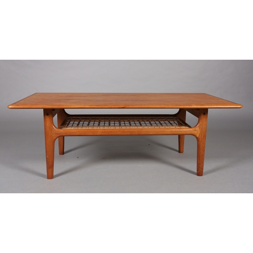 113 - Trioh, Denmark, A teak coffee table with rattan undertier on tapered legs, c1960s, 120cm wide x 53cm... 