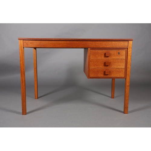 112 - Domino Mobler, Denmark, A teak desk having three drawers to the right, square knob handles, on squar... 