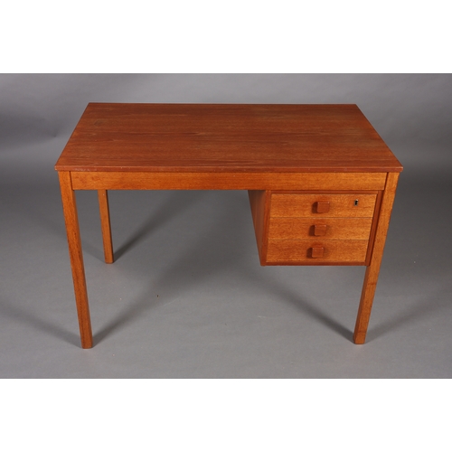 112 - Domino Mobler, Denmark, A teak desk having three drawers to the right, square knob handles, on squar... 