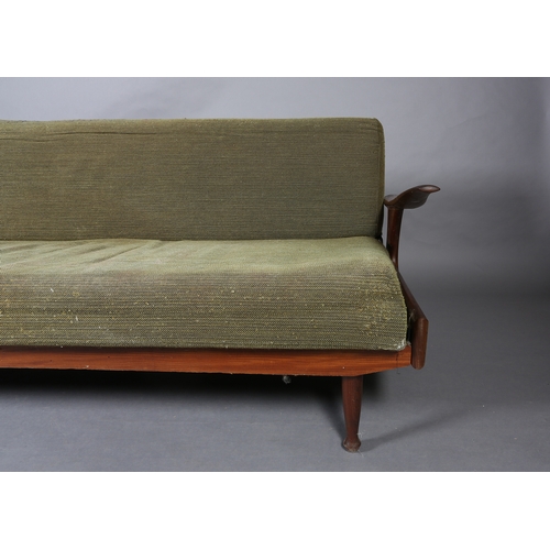 15 - Greaves & Thomas c1960s an afromosia sofa bed, with platform arms, original olive green upholstery o... 