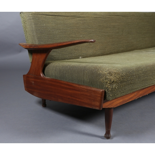 15 - Greaves & Thomas c1960s an afromosia sofa bed, with platform arms, original olive green upholstery o... 