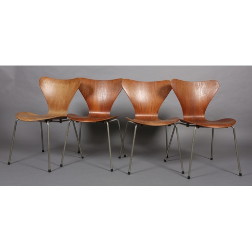 23 - Arne Jacobsen (1902-1971) for Fritz Hansen, Ant chairs (series 7), a set of four, teak veneered lami... 