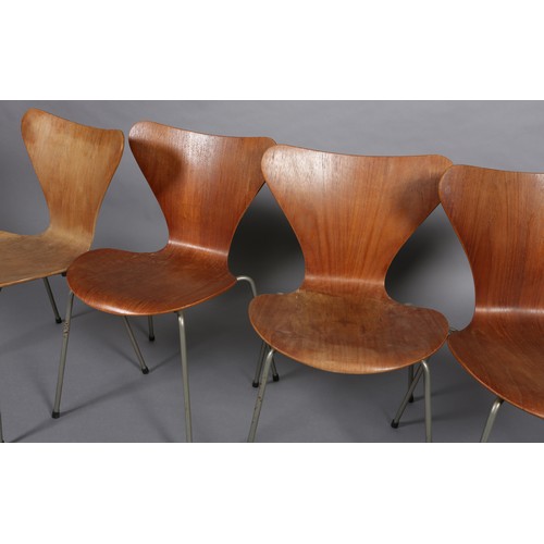 23 - Arne Jacobsen (1902-1971) for Fritz Hansen, Ant chairs (series 7), a set of four, teak veneered lami... 