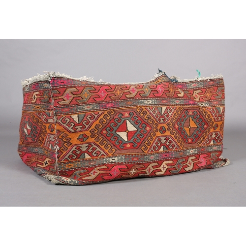 108 - A large flatweave camel bag of geometric design in orange, pink, brown and camel, 95cm x 60cm