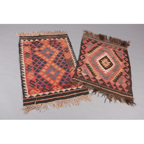 139 - Two small Middle Eastern kilims of lozenge design in madder, camel and brown and coral, turquoise, d... 